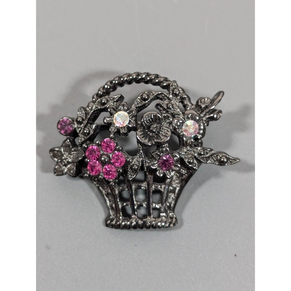 1928 Gray Metallic Pink Purple Rhinestone Flower Basket Bouquet Brooch Pin